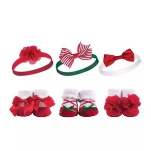 Size 0-9M 6 piece Christmas sock and headband set